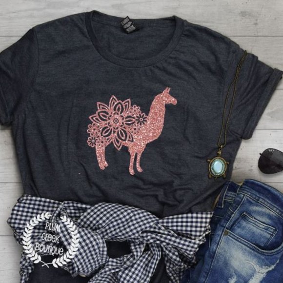Plum Creek Boutique Tops - Llama TShirt Gray NEW NWT Rose Gold Design